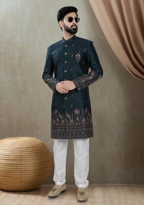 Blue Motif Silk Indowestern For Man