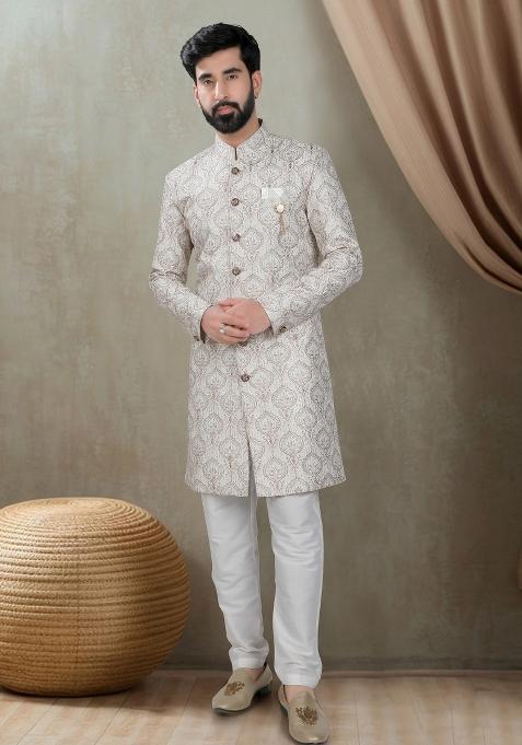 Cream Motif Silk Indowestern For Man