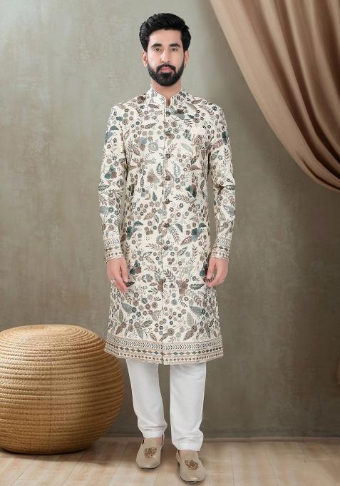 Cream Motif Silk Sherwani  For Men