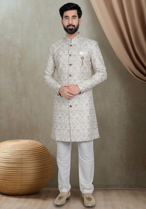 Cream Motif Silk Indowestern For Man