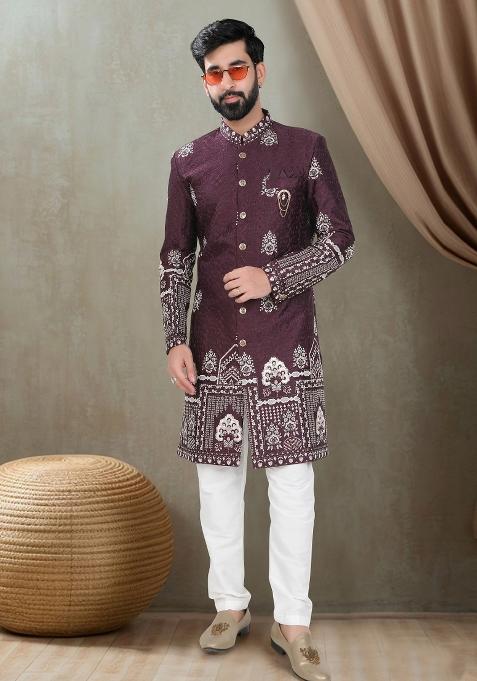 Wine  Motif Silk Indowestern For Man