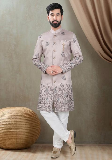 Metalic Pink  Motif Silk Indowestern For Man