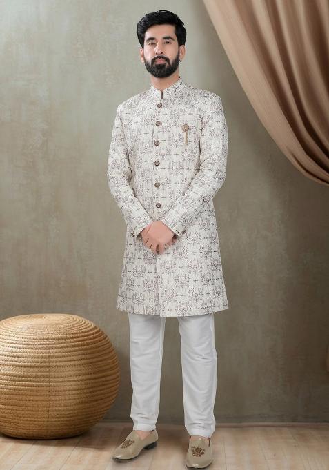 Cream Motif Silk Indowestern For Man
