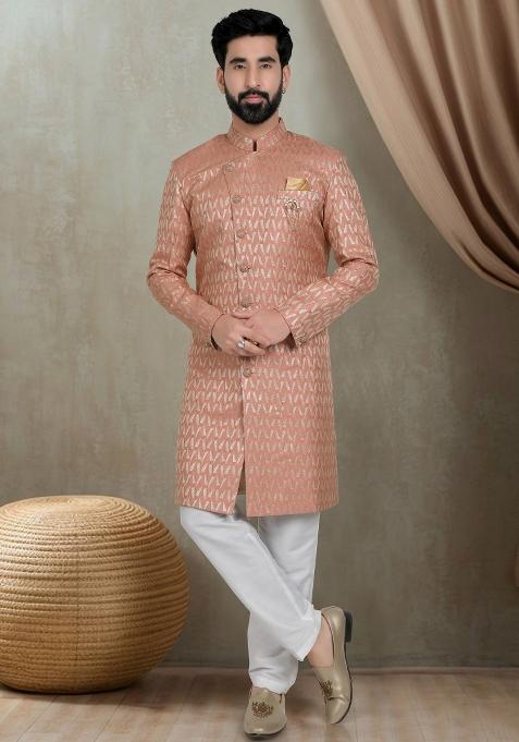 Orange  Motif Jacquard  Indowestern For Man