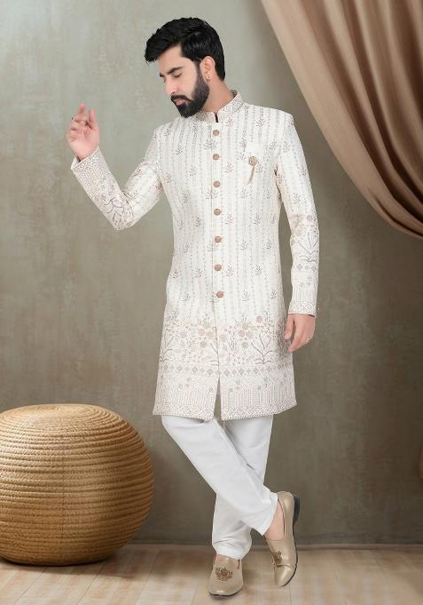 Off White Motif Silk Indowestern For Man