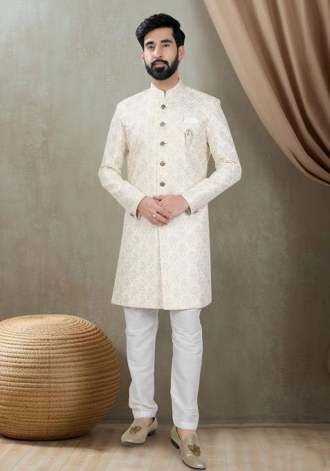 Off White Motif Silk Indowestern For Man