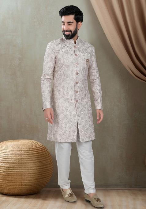 Cream Motif Silk Indowestern For Man