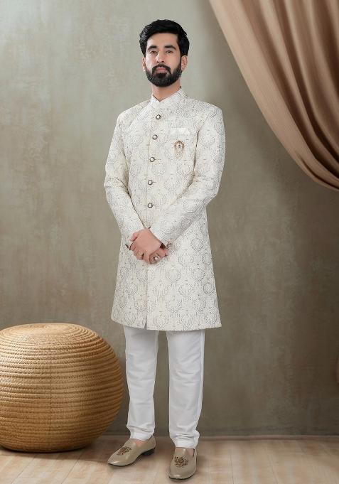 Off White Motif Silk Sherwani  For Men