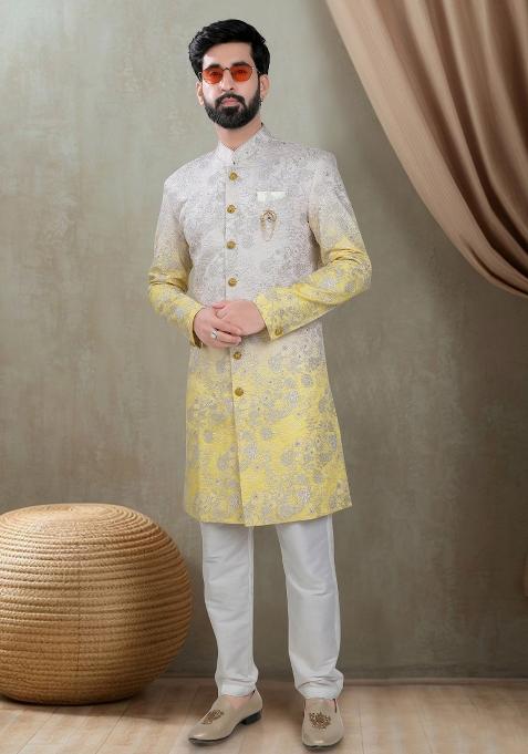 Cream And Yellow  Motif Silk  Indowestern For Man