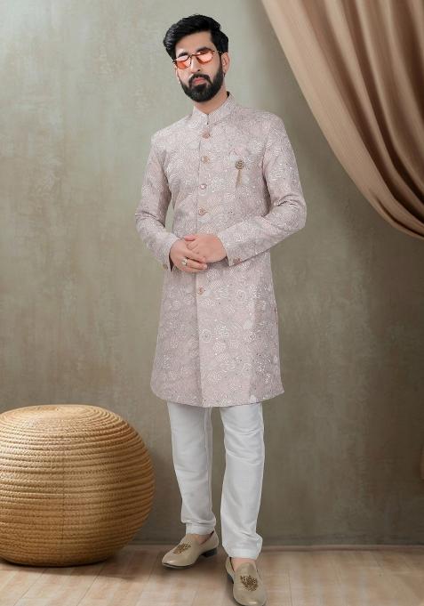 Pink Motif Silk Indowestern For Man