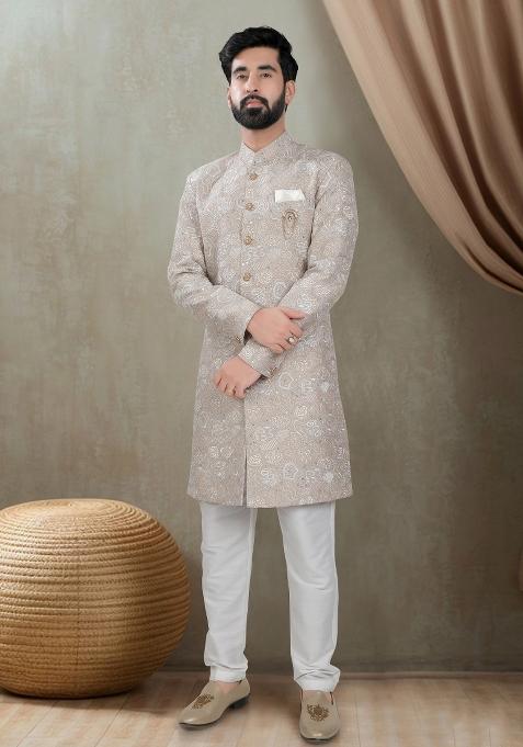 Beige Motif Silk Indowestern For Man
