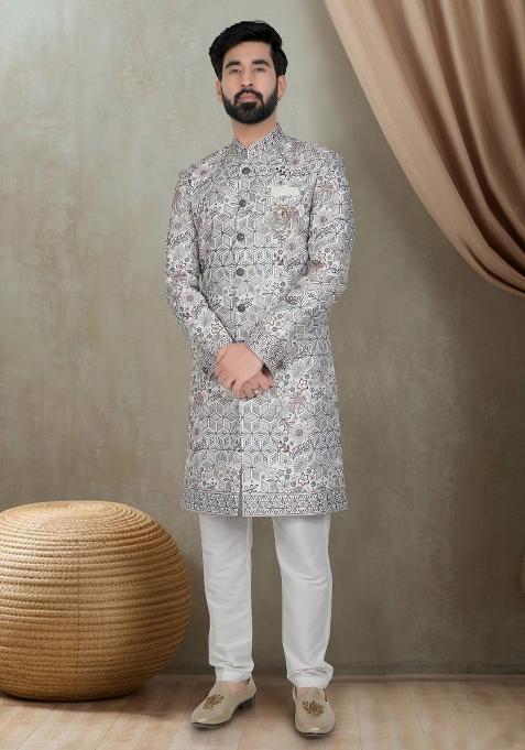 Off White Motif Silk Indowestern For Man