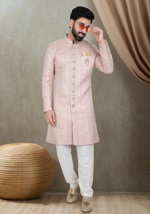 Pink Motif Jacquard  Indowestern For Man