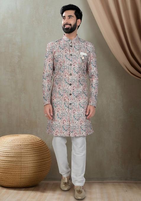 White Motif Silk Indowestern For Man
