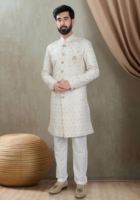 Cream Motif Silk Indowestern For Man