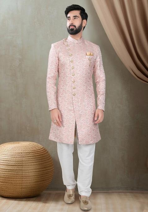 Pink Motif Jacquard  Indowestern For Man