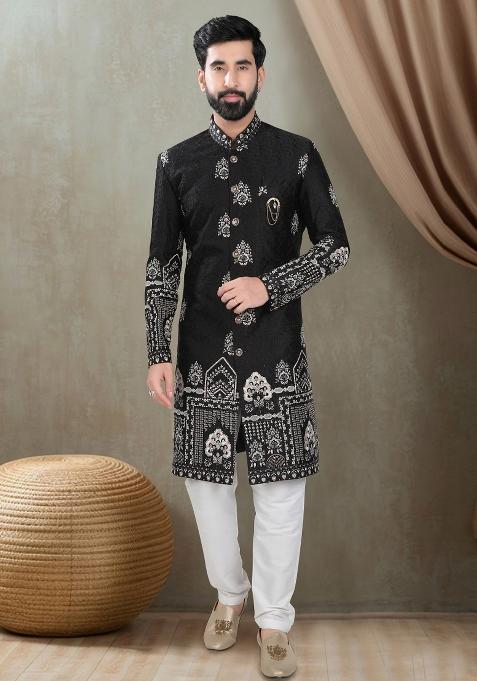 Black Motif Silk Indowestern For Man
