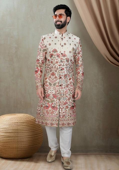 Cream And Red  Motif Silk Sherwani  For Men