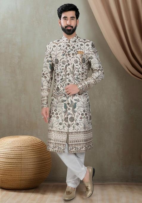 Cream Motif Silk Sherwani  For Men