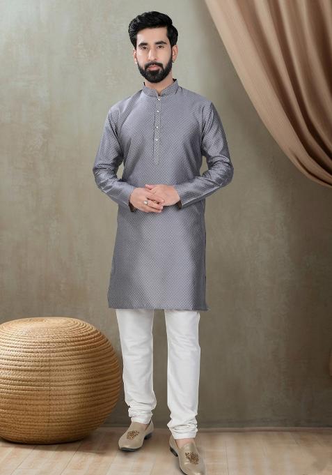 Grey  Motif Cotton Sillk Kurta Chudidar  For Men