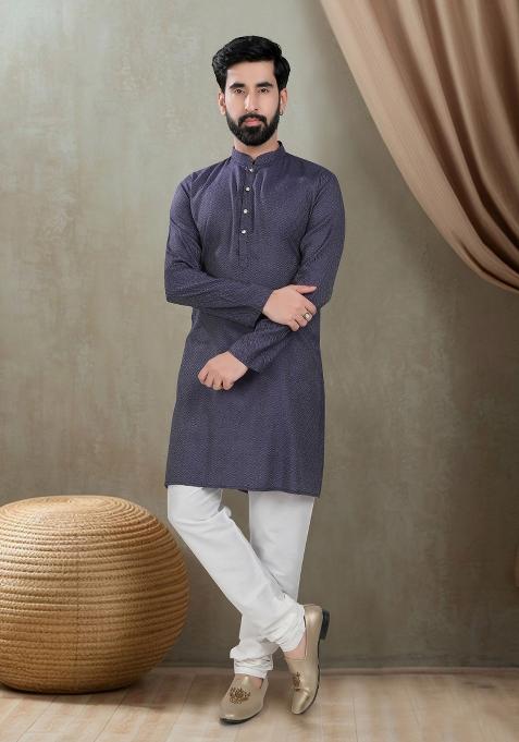 Blue Motif Cotton   Kurta Chudidar  For Men