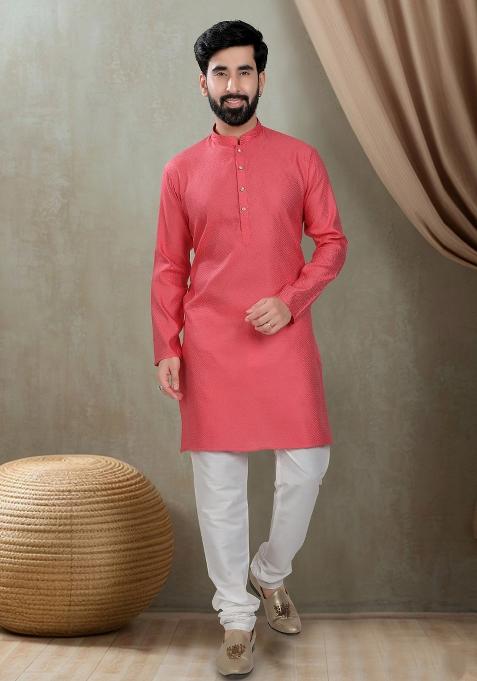 Red  Motif Cotton Kurta Chudidar  For Men