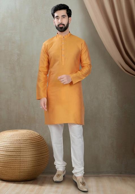 Yellow Motif Cotton Silk Kurta Chudidar  For Men