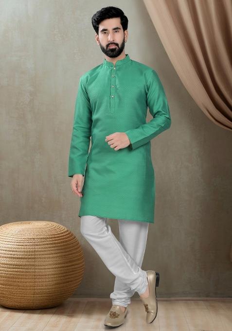 Green  Motif Cotton Silk Kurta Chudidar  For Men