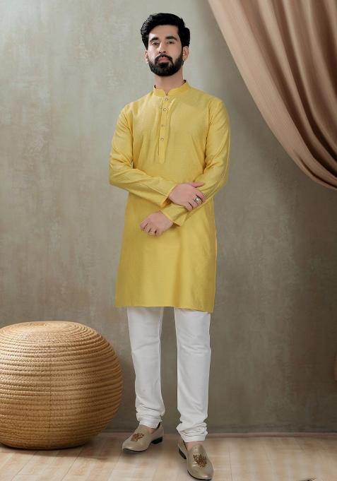 Yellow Motif Cotton Kurta Chudidar  For Men