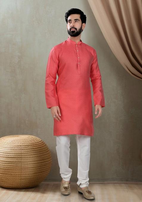 Red  Motif Cotton Kurta Chudidar  For Men