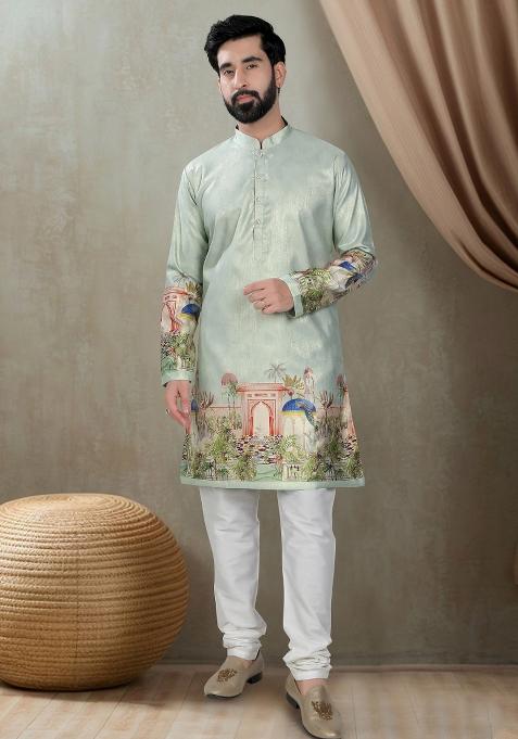 Green  Motif Silk Kurta Chudidar  For Men
