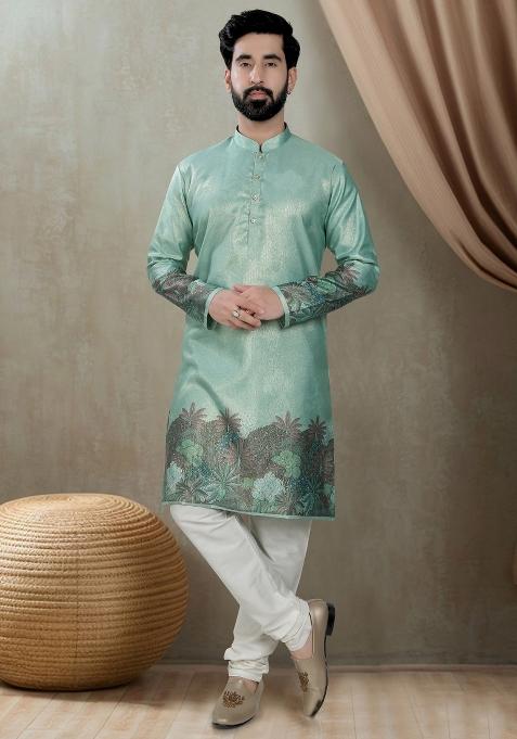 Bluish Green Motif Silk Kurta Chudidar  For Men