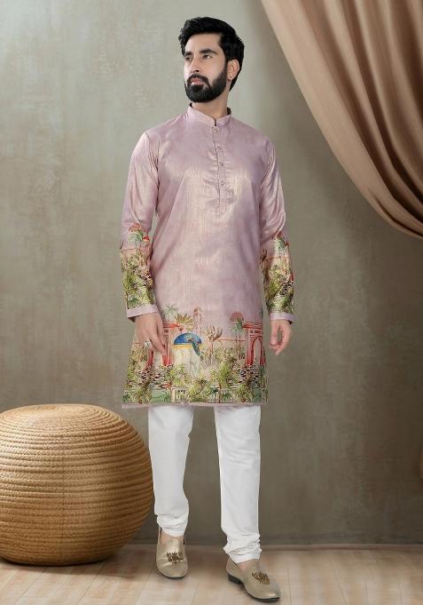 Pink Motif Silk Kurta Chudidar  For Men