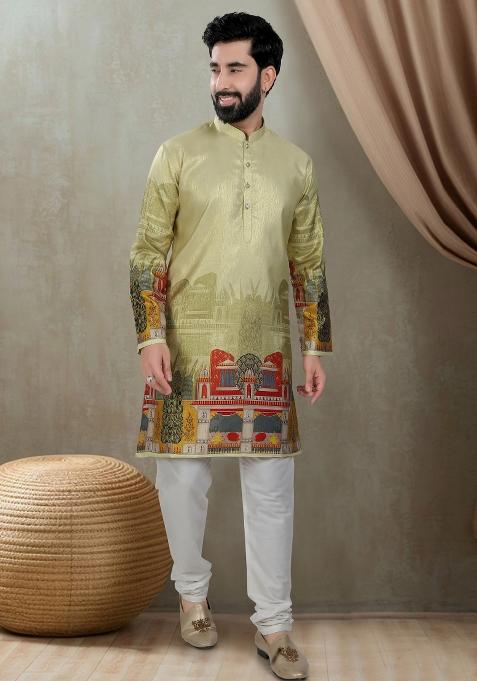 Green  Motif Silk Kurta Chudidar  For Men