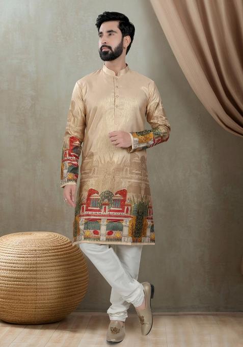 Gold Motif Silk Kurta Chudidar  For Men