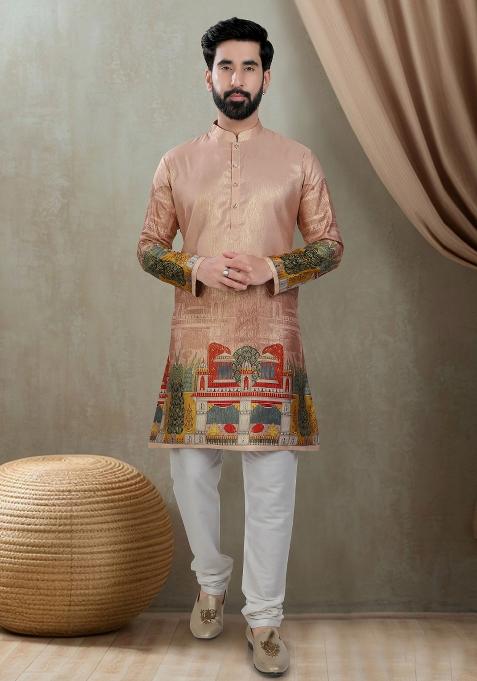 Pink Motif Silk Kurta Chudidar  For Men