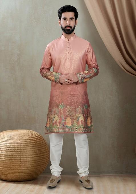 Pink Motif Silk Kurta Chudidar  For Men