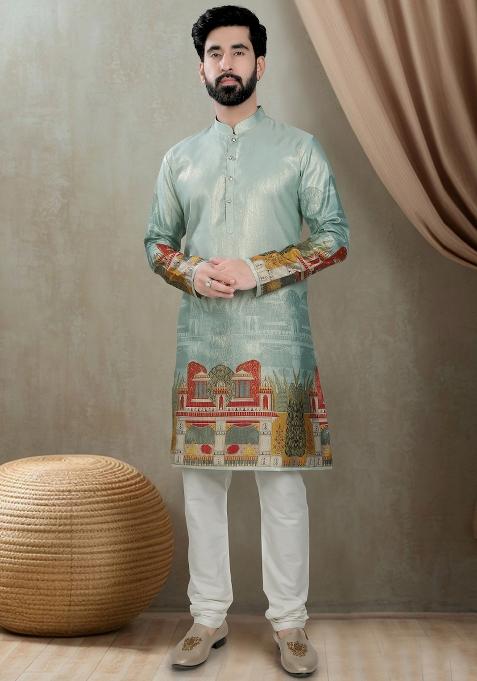 Green  Motif Silk Kurta Chudidar  For Men