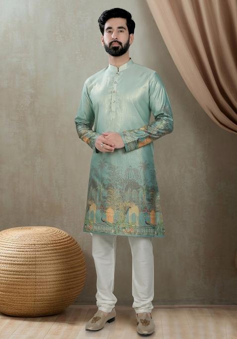 Green  Motif Silk Kurta Chudidar  For Men