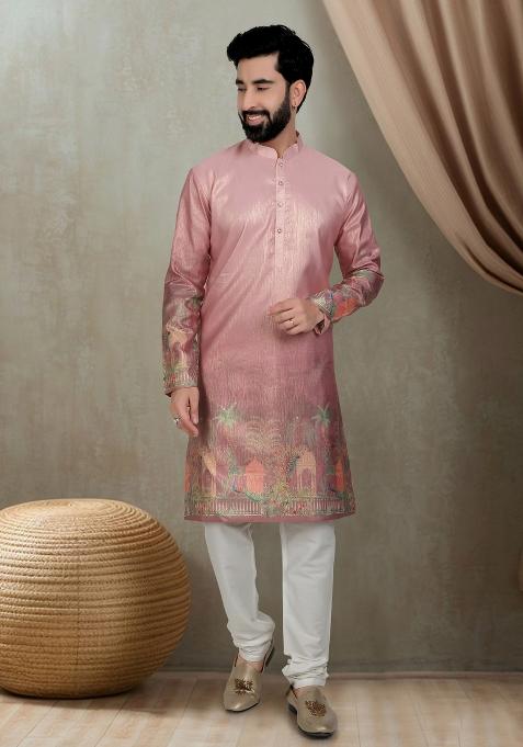 Pink Motif Silk Kurta Chudidar  For Men