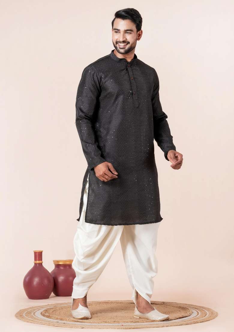 Black Embroidery Silk Blend Kurta Dhoti Set For Men - Indya