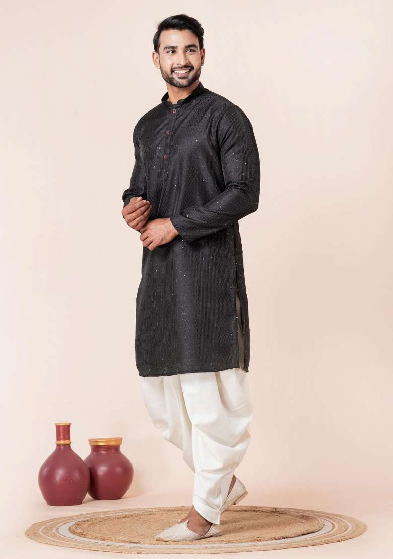 Black Embroidery Silk Blend Kurta Dhoti Set For Men - Indya