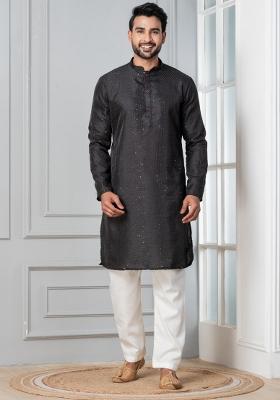 Black Embroidery Silk Kurta Pyjama Set For Men