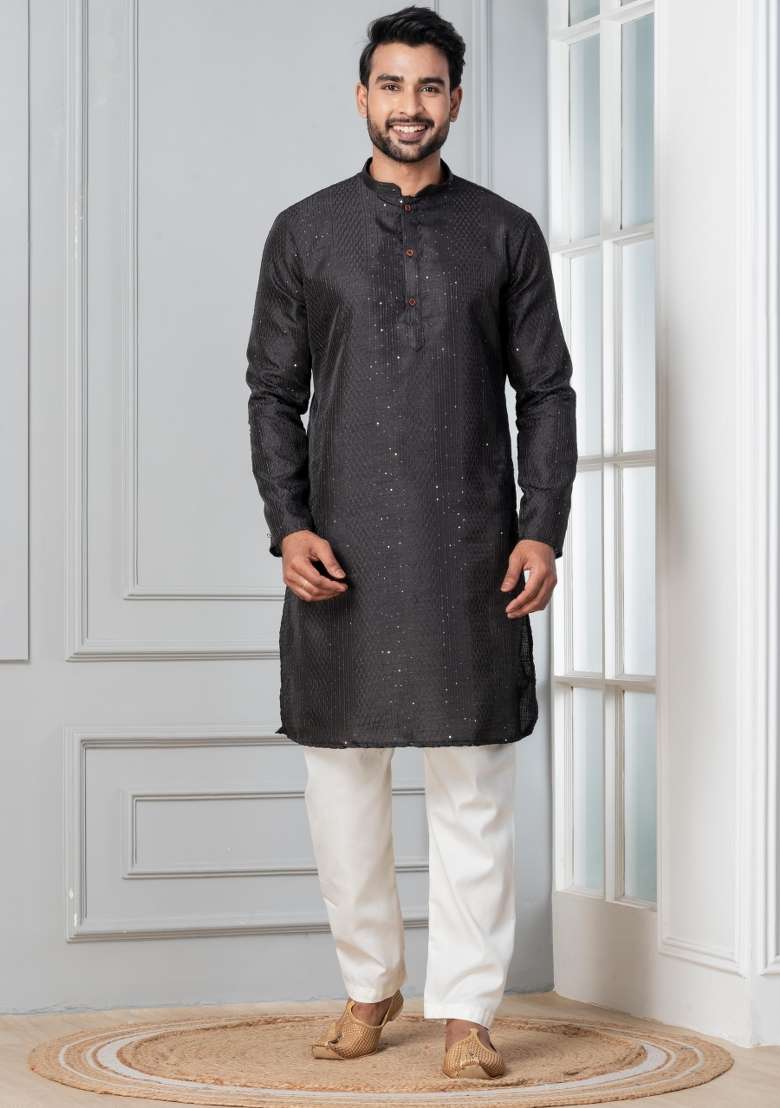 Black Embroidery Silk Blend Kurta Pyjama Set For Men - Indya