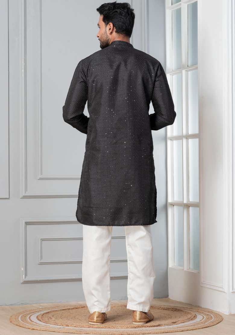 Black Embroidery Silk Blend Kurta Pyjama Set For Men - Indya