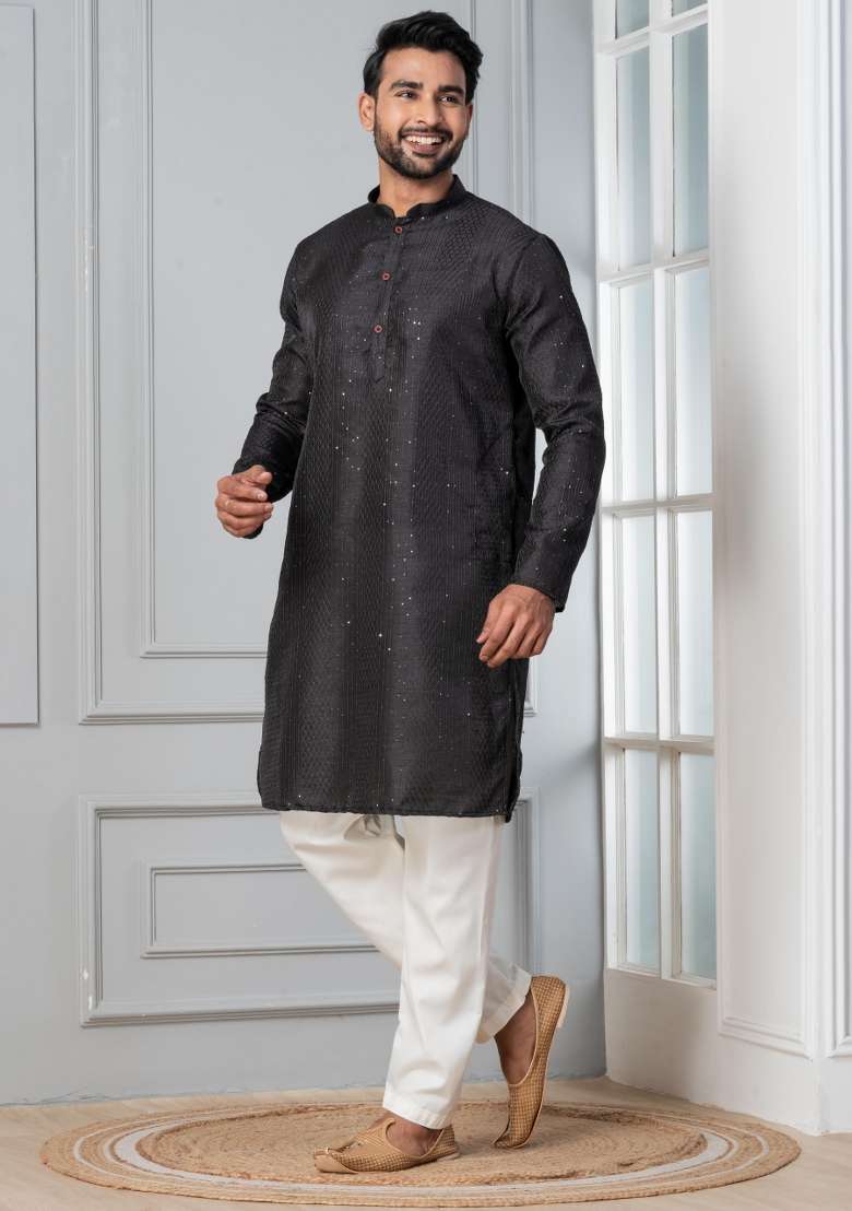 Black Embroidery Silk Blend Kurta Pyjama Set For Men - Indya