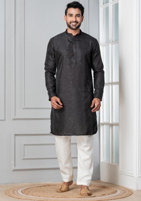 Black Embroidery Silk Kurta Pyjama Set For Men