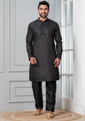 Black Embroidery Silk Kurta Pyjama Set For Men