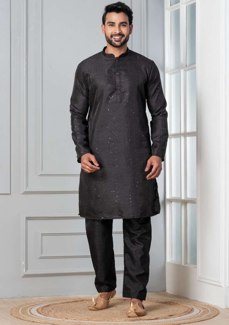 Black Embroidery Silk Blend Kurta Pyjama Set For Men - Indya