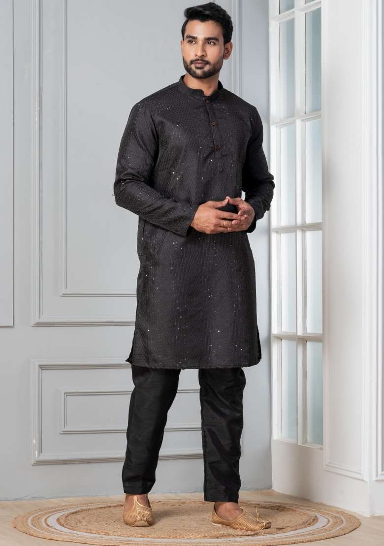 Black Embroidery Silk Blend Kurta Pyjama Set For Men - Indya